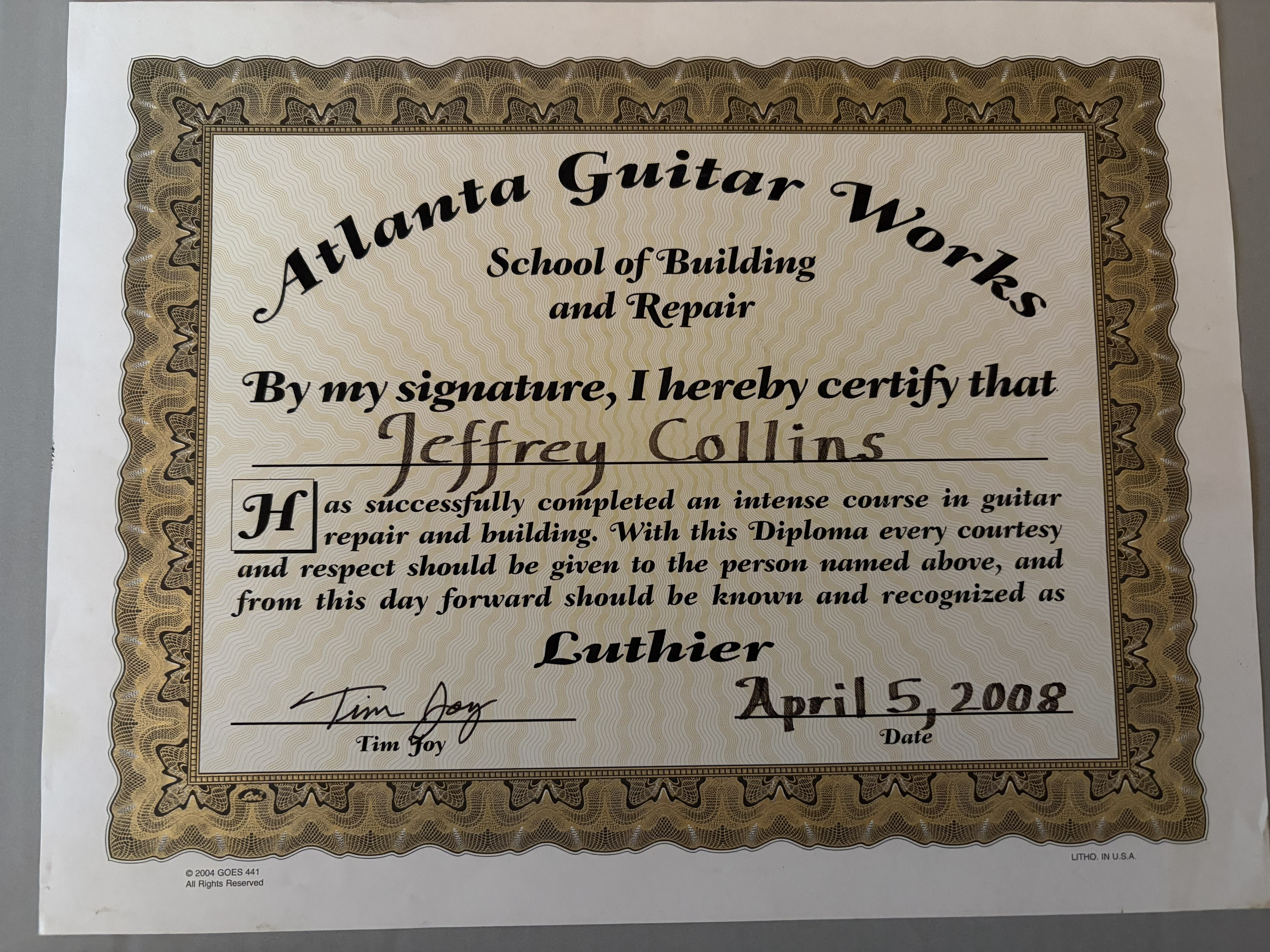 Atlanta Guitar Works School of Luthiery certificate for Jeff Collins